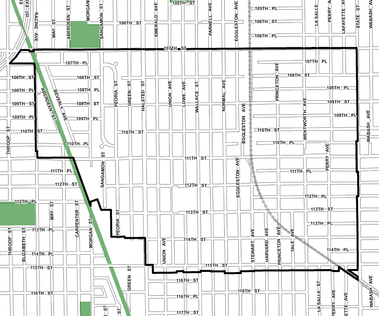 107th/Halsted TIF district, roughly bounded on the north by 107th Street, 115th Street on the south, State Street on the east and Racine Avenue on the west.